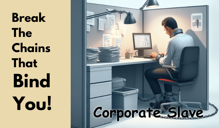 Man in an office cubicle chained to his desk, with the words "Corporate Slave" and "Break the chains that bind you!"