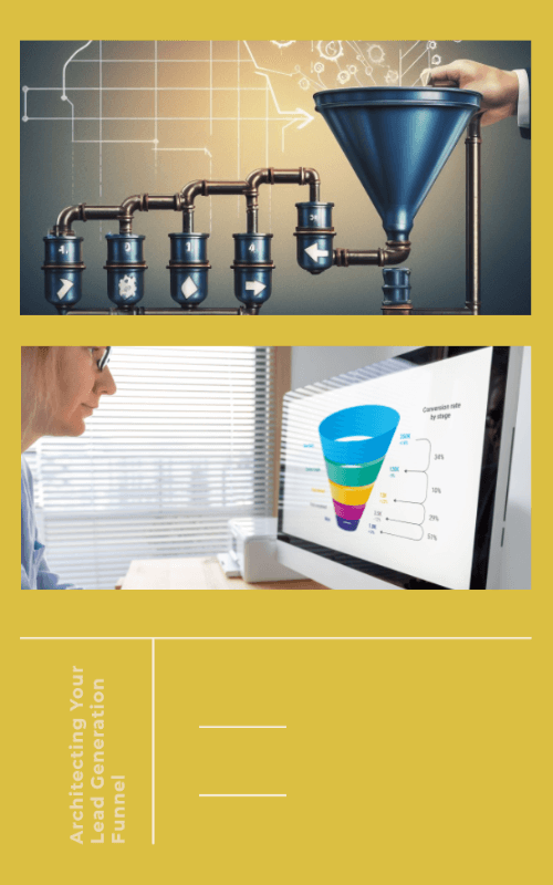 top image: Funnel and pipeline system representing a marketing funnel, bottom image: woman looking at a marketing funnel diagram on her computer