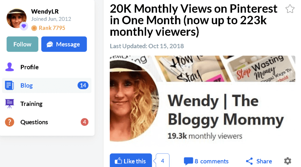 Screenshot of Wendy the Bloggy Mommy's post on Wealthy Affiliate where her pinterest views went from 20,K monthly views to over 220K monthly views.