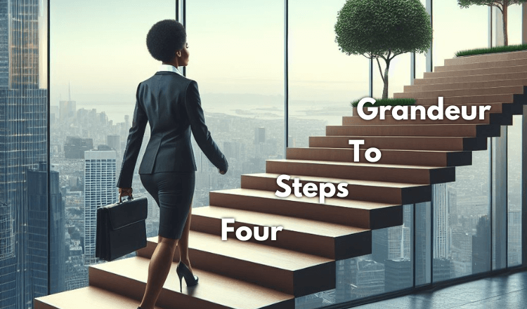 An attractive young business woman ascends the floating stairway to success in an open format office with a view of the city.